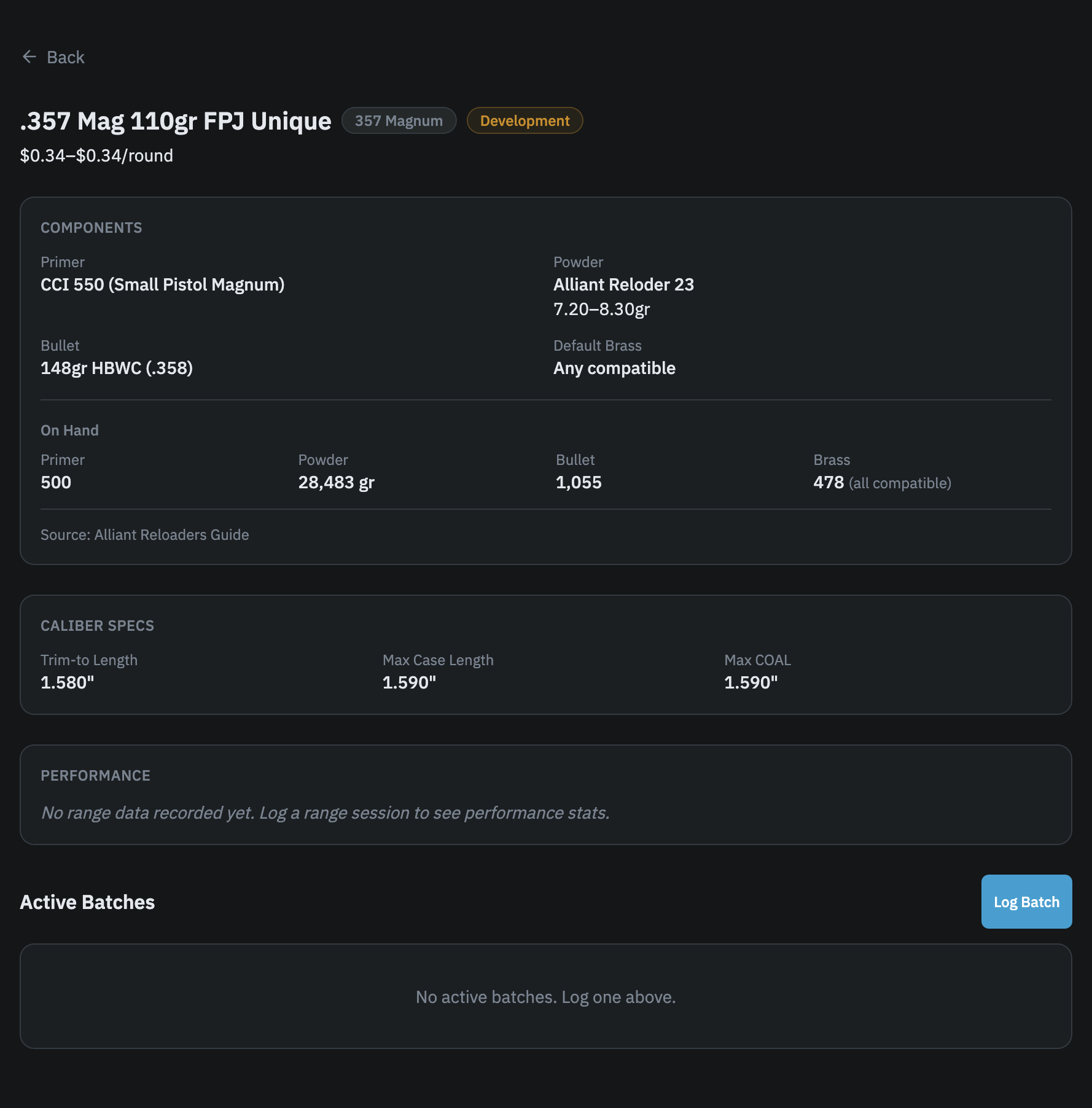 View a load recipe's full detail, including verified charge weights